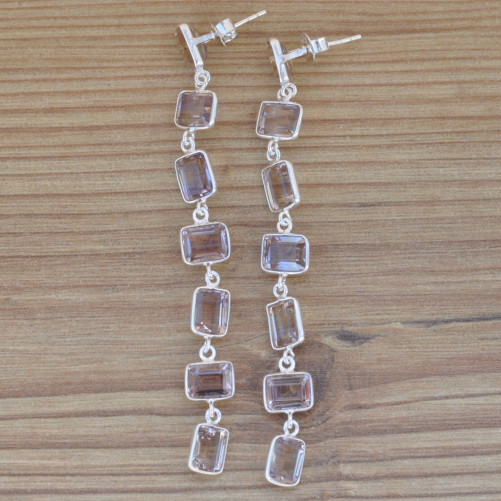 Longues boucles argent avec 7 pierres rectangulaires en Amétrine