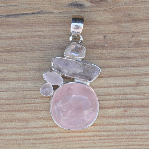 Pendentif argent 5 pierres en Quartz rose (rose)