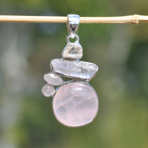 Pendentif argent 5 pierres en Quartz rose (rose)