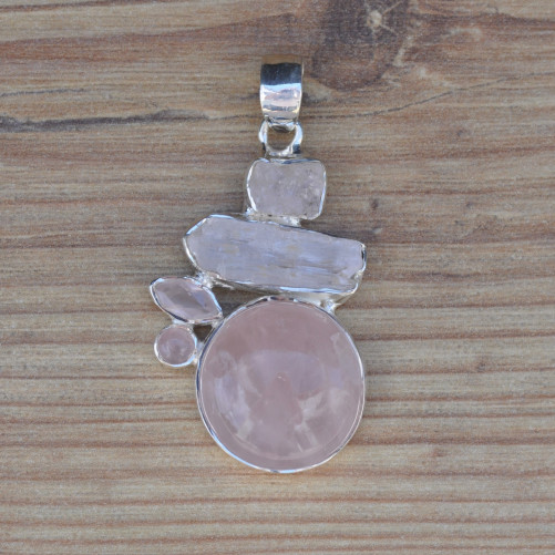 Pendentif argent 5 pierres en Quartz rose (rose)
