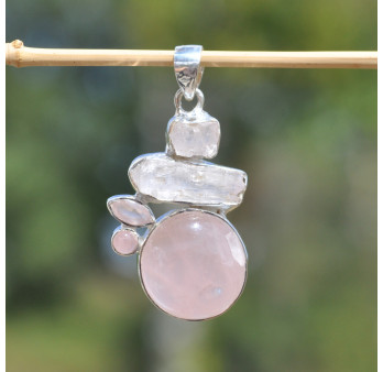 Pendentif argent 5 pierres en Quartz rose (rose)