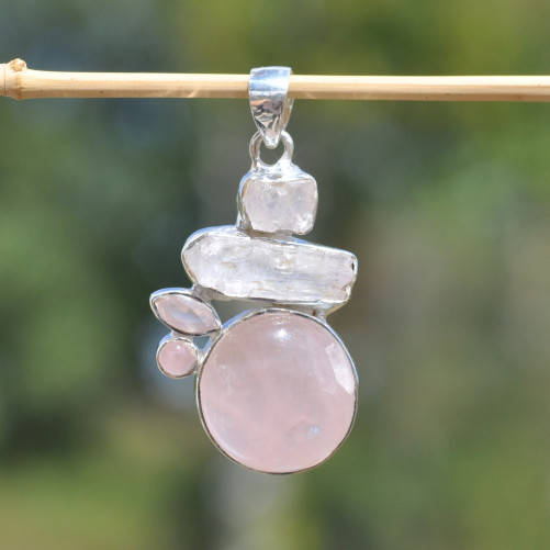 Pendentif argent 5 pierres en Quartz rose (rose)