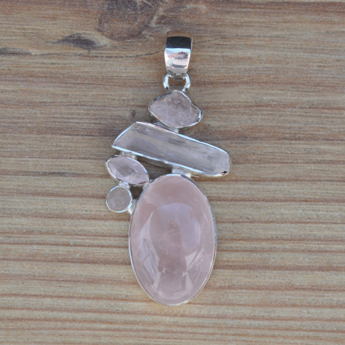 Pendentif argent 5 pierres en Quartz rose (rose)