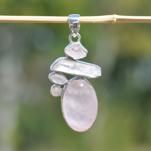 Pendentif argent 5 pierres en Quartz rose (rose)