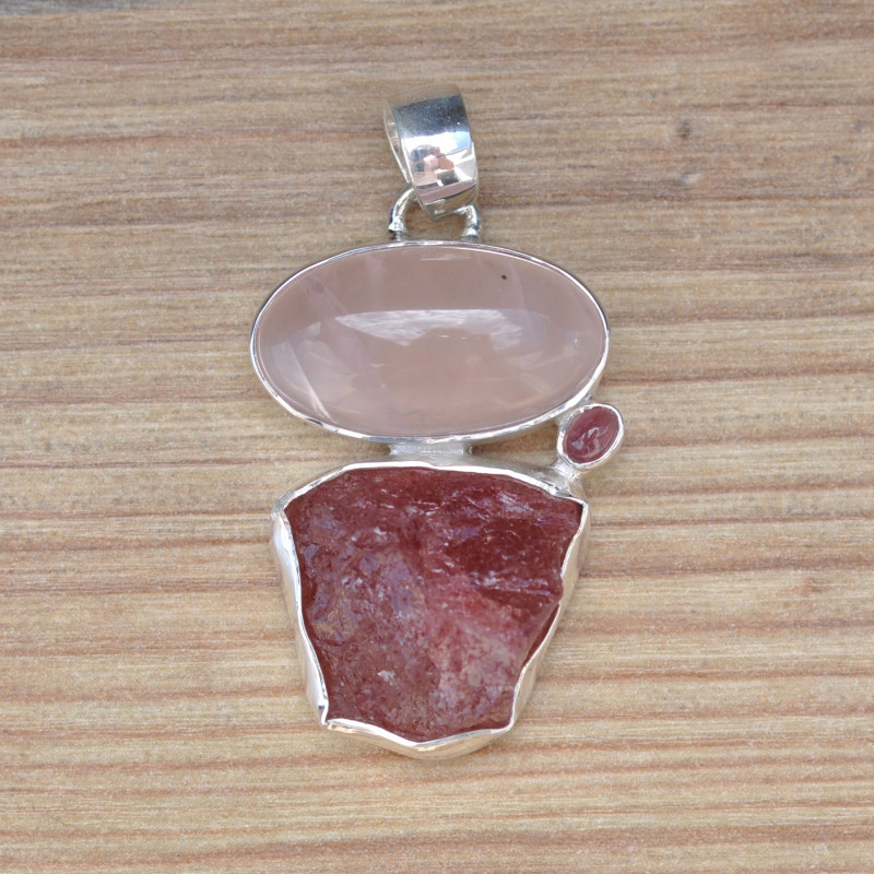 Pendentif argent 3 pierres QUARTZ ROSE et TOURMALINE (rose)