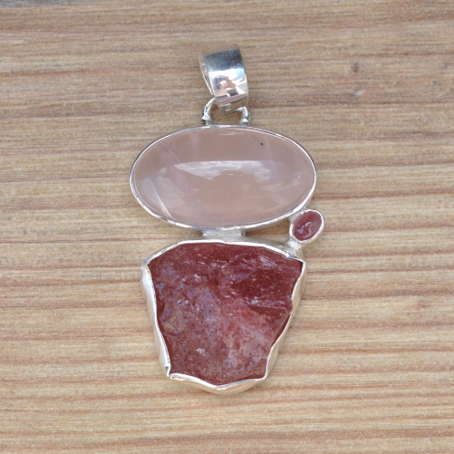Pendentif argent 3 pierres QUARTZ ROSE et TOURMALINE (rose)