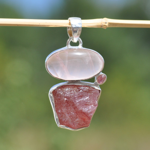 Pendentif argent 3 pierres QUARTZ ROSE et TOURMALINE (rose)