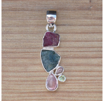 Pendentif argent 5 pierres TOURMALINE et PERIDOT (rose) (vert)