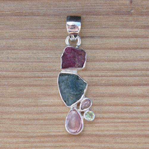 Pendentif argent 5 pierres TOURMALINE et PERIDOT (rose) (vert)