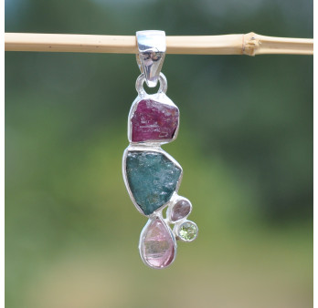 Pendentif argent 5 pierres TOURMALINE et PERIDOT (rose) (vert)
