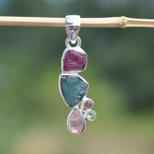 Pendentif argent 5 pierres TOURMALINE et PERIDOT (rose) (vert)