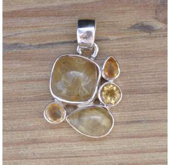 NEW ! Pendentif argent 5 pierres QUARTZ RUTILE et CITRINE (jaune)