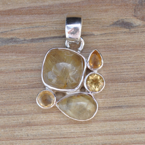 NEW ! Pendentif argent 5 pierres QUARTZ RUTILE et CITRINE (jaune)