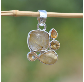 Pendentif argent 5 pierres QUARTZ RUTILE et CITRINE (jaune)