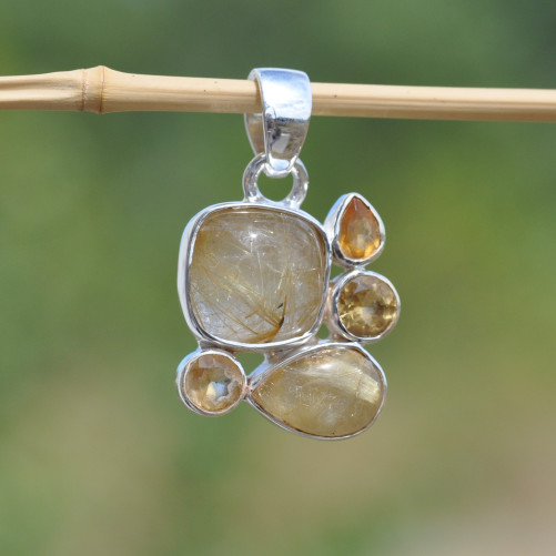 Pendentif argent 5 pierres QUARTZ RUTILE et CITRINE (jaune)