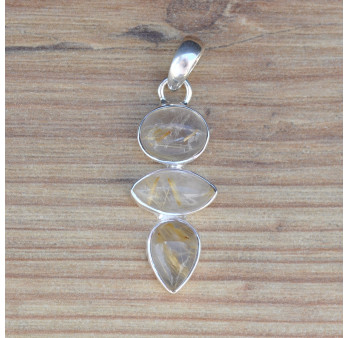 NEW ! Pendentif argent 3 pierres naturelles Quartz rutile (doré)