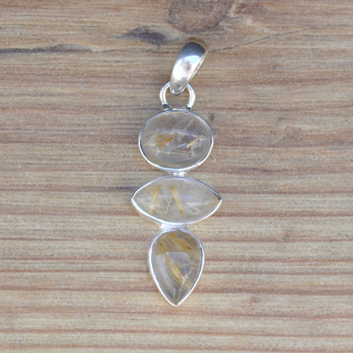NEW ! Pendentif argent 3 pierres naturelles Quartz rutile (doré)