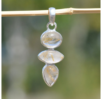 NEW ! Pendentif argent 3 pierres naturelles Quartz rutile (doré)
