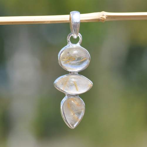 NEW ! Pendentif argent 3 pierres naturelles Quartz rutile (doré)
