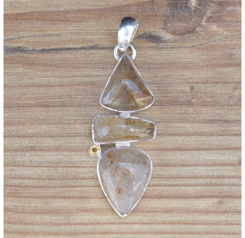 NEW ! Gros pendentif argent 4 pierres QUARTZ RUTILE et CITRINE (jaune)