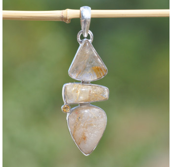 NEW ! Gros pendentif argent 4 pierres QUARTZ RUTILE et CITRINE (jaune)