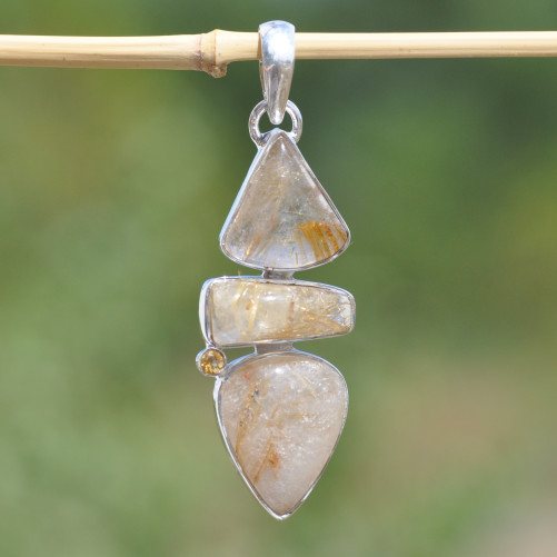NEW ! Gros pendentif argent 4 pierres QUARTZ RUTILE et CITRINE (jaune)