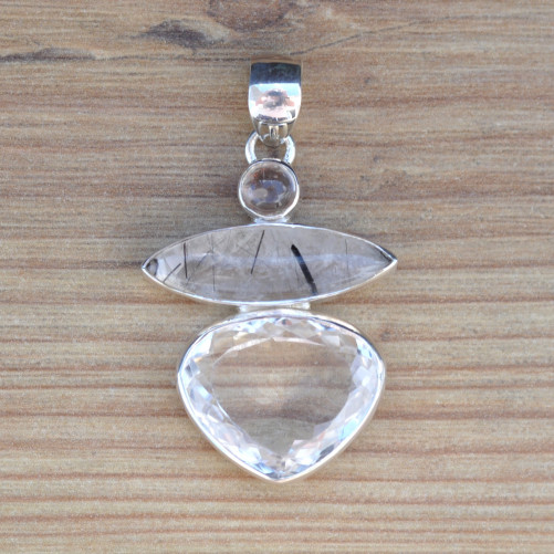 Pendentif argent 3 pierres CRISTAL DE ROCHE et QUARTZ (transparent)