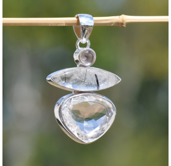 Pendentif argent 3 pierres CRISTAL DE ROCHE et QUARTZ (transparent)