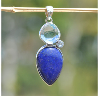 Pendentif argent 3 pierres LAPIS LAZULI et TOPAZE (bleu)