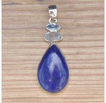 Pendentif argent 3 pierres LAPIS LAZULI, CRISTAL et TOPAZE (bleu)