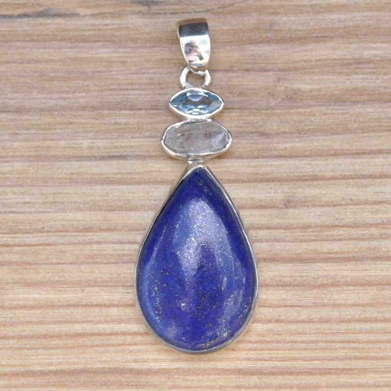 Pendentif argent 3 pierres LAPIS LAZULI, CRISTAL et TOPAZE (bleu)