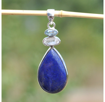 Pendentif argent 3 pierres LAPIS LAZULI, CRISTAL et TOPAZE (bleu)