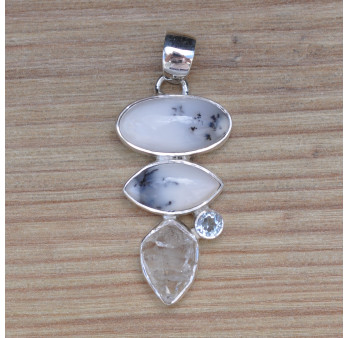 Pendentif argent 4 pierres AGATE DENDRITE CRISTAL et TOPAZE (blanc)