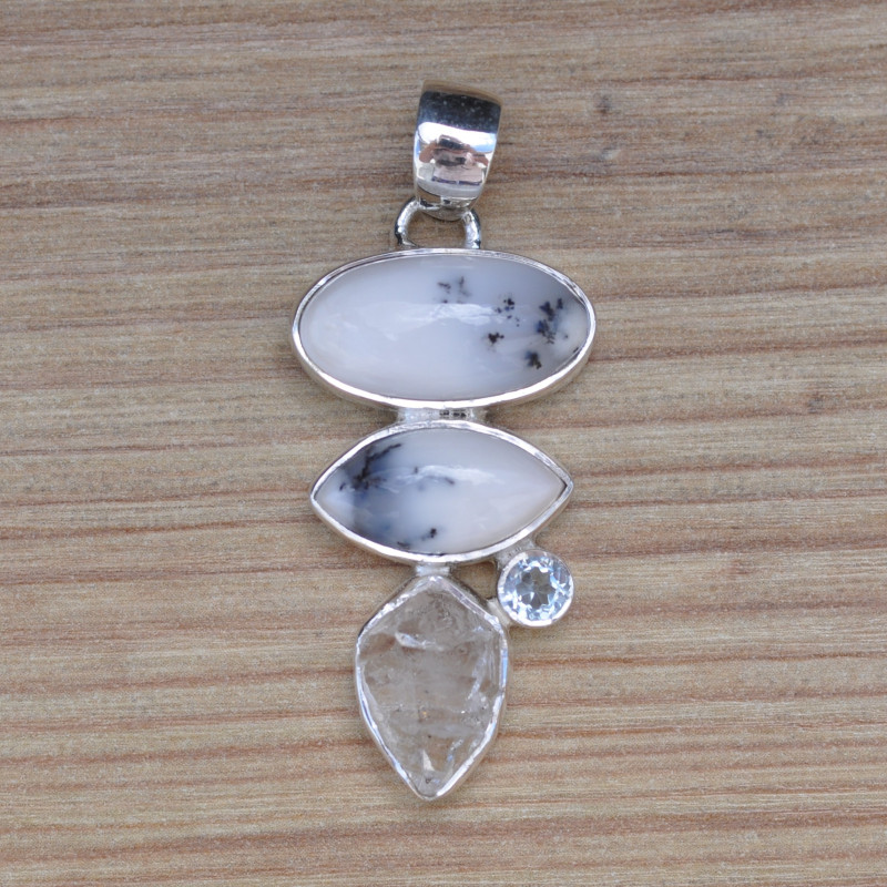 Pendentif argent 4 pierres AGATE DENDRITE CRISTAL et TOPAZE (blanc)