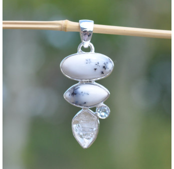 Pendentif argent 4 pierres AGATE DENDRITE CRISTAL et TOPAZE (blanc)