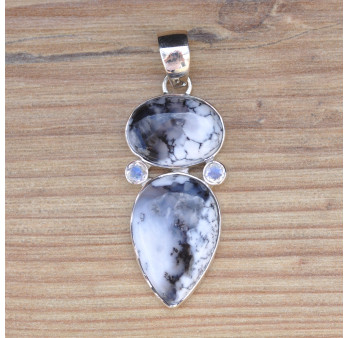 Pendentif argent 4 pierres AGATE DENDRITE et PIERRE DE LUNE (blanc)
