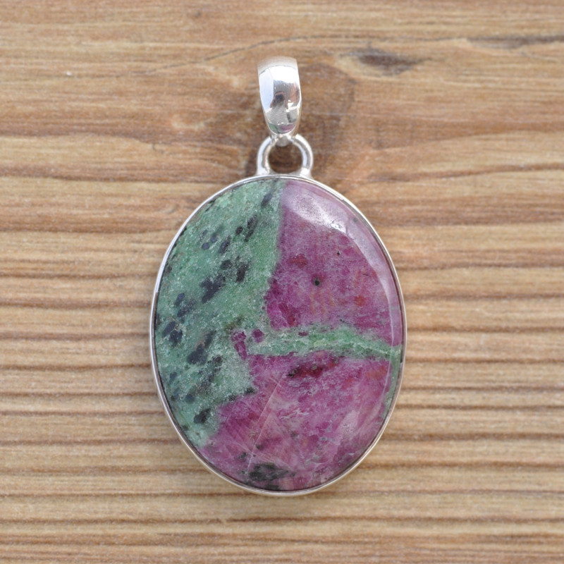 Gros pendentif ovale argent et Rubis sur Zoisite verte (rose) (vert)