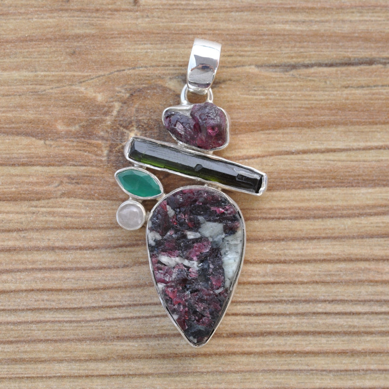 Pendentif argent 5 pierres EUDIALYTE, TOURMALINE et AGATE VERTE (rose)