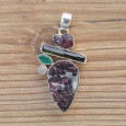Pendentif argent 5 pierres EUDIALYTE, TOURMALINE et AGATE VERTE (rose)