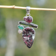 Pendentif argent 5 pierres EUDIALYTE, TOURMALINE et AGATE VERTE (rose)