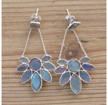 Boucles longues argent et 9 pierres en Labradorite (bleu)