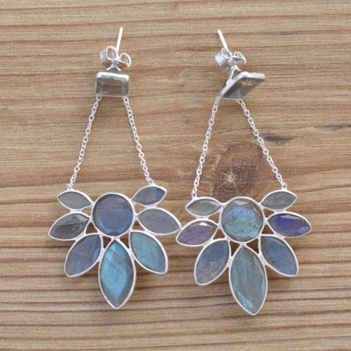 Boucles longues argent et 9 pierres en Labradorite (bleu)