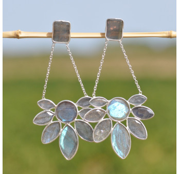 Boucles longues argent et 9 pierres en Labradorite (bleu)