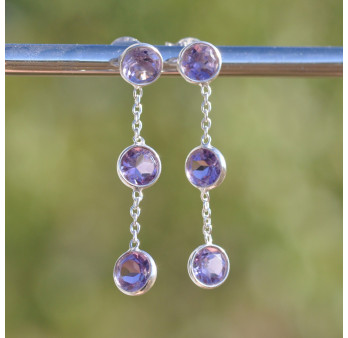 Longues boucles argent et 3 pierres Améthyste (violet)