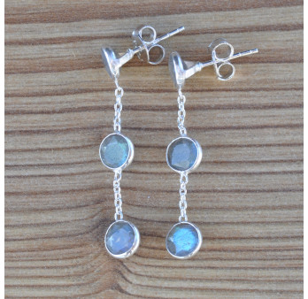 NEW ! Longues boucles argent et 3 pierres Labradorite (bleu)
