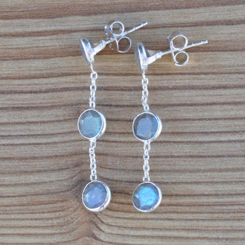 Longues boucles argent et 3 pierres Labradorite (bleu)