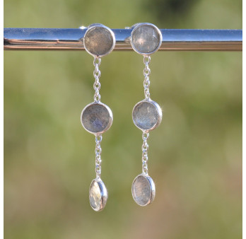 Longues boucles argent et 3 pierres Labradorite (bleu)