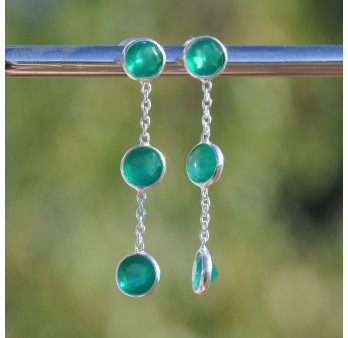 Longues boucles argent et 3 pierres Agate verte (vert)