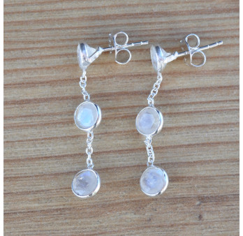 Longues boucles argent et 3 Pierres de lune (blanc)