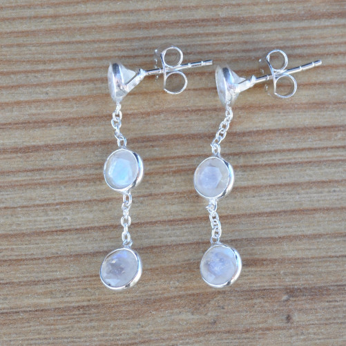 Longues boucles argent et 3 Pierres de lune (blanc)